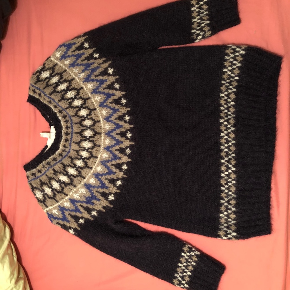 Navy blue patterned fuzzy sweater